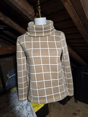 J. Crew Camel and White Windowpane Cowl Neck Sweater